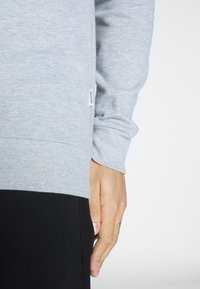 Grauer Sweatshirt mit einem gerippten Saum und Bündchen, mit einem kleinen Markenetikett an der Seite. Weicher Stoff mit einer glatten Textur.