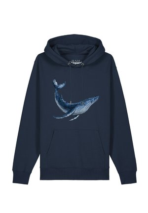 Marineblaue Kapuzenjacke mit einer Vordertasche und einem detaillierten Bild eines Blauwal beim Schwimmen auf der Brust.