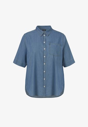Blauw denim overhemd met korte mouwen, knopen aan de voorkant, een borstzak en een klassieke kraag.