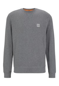 Felpa grigia realizzata in cotone liscio, con scollo a girocollo, maniche lunghe, polsini a costine e piccolo logo del marchio sul petto.