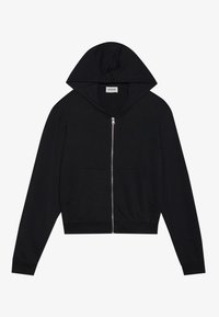 Svart hettegenser med glidelås laget av mykt stoff. Inkluderer en romslig hette, frontlommer og ribbestrikkede mansjetter og nederkant. Enkelt, minimalistisk design.