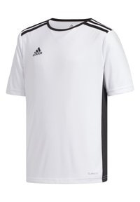 Camiseta atlética blanca con acentos negros. Cuenta con mangas cortas, cuello redondo y tres rayas negras en cada hombro. Fabricada con tejido Climalite.