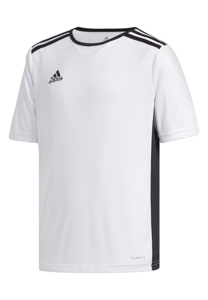 Camiseta atlética blanca con acentos negros. Cuenta con mangas cortas, cuello redondo y tres rayas negras en cada hombro. Fabricada con tejido Climalite.
