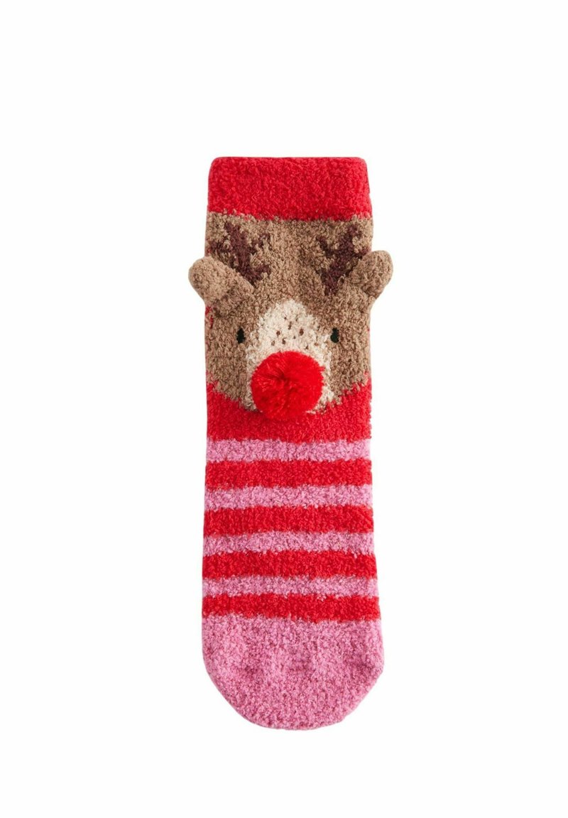 Rot- und rosa gestreifte Socke mit Rentierdesign, das eine rote Nase, braune Ohren und eine flauschige Textur aufweist. Rippbund oben.