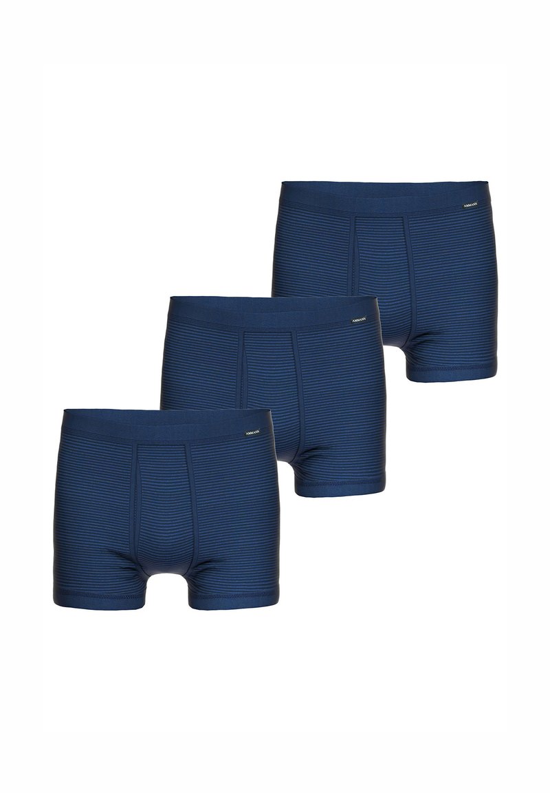 Navy blue boxer briefs with a striped pattern, soft fabric, elastic waistband, and a logo detail on the front left. Three-pack arrangement.