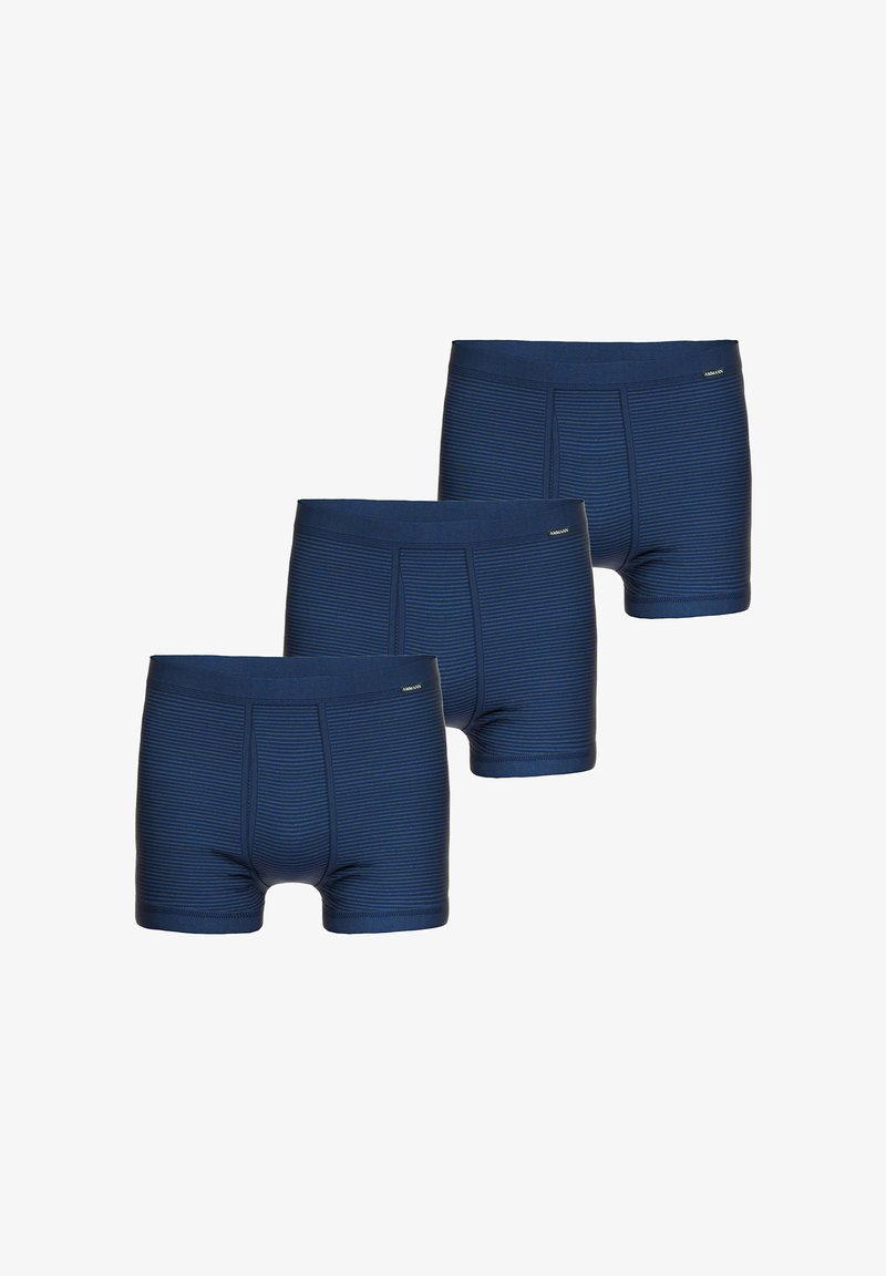 Navy blue boxer briefs with a striped pattern, soft fabric, elastic waistband, and a logo detail on the front left. Three-pack arrangement.