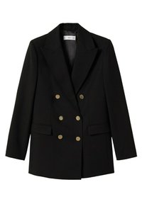 Blazer noir croisé à six boutons dorés, larges revers, manches longues et deux poches à rabat devant, posé à plat sur fond blanc.