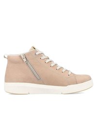 Sneaker alto beige in suede con suola in gomma bianca, dotato di una cerniera laterale e accenti in pizzo grigio. Texture liscia e design minimale.
