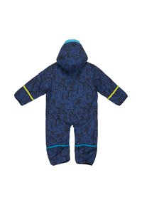 Granatowy, ocieplany kombinezon narciarski z teksturowanym wzorem, z kapturem, elastycznymi mankietami oraz jasnoniebieskimi i zielonymi akcentami.