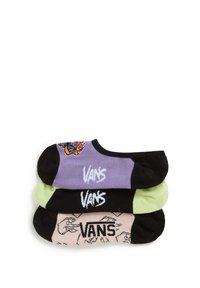 Set med tre par Vans no-show strumpor i svart, lavendel och grön. Varje strumpa har Vans-logotypen och unika grafiska mönster.