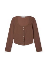 Top marrone a maniche lunghe con scollo quadrato e una fila di bottoni metallici sul davanti, realizzato in tessuto morbido ed elastico.