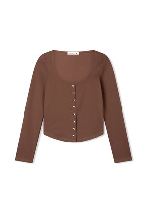 Top marrone a maniche lunghe con scollo quadrato e una fila di bottoni metallici sul davanti, realizzato in tessuto morbido ed elastico.