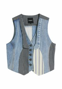 Chaleco de mezclilla con paneles de tejido mixto en azul, rayas negras y crema. Presenta un cuello en V, cinco botones y una etiqueta en la parte posterior.