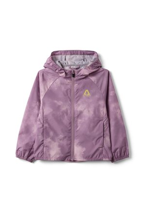 Paars tie-dye capuchonjack met ritssluiting aan de voorkant, elastische manchetten, zijzakken en geel Altavia-logo op de borst.