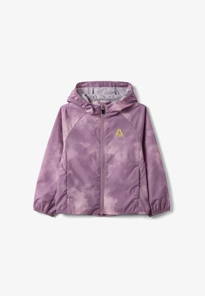 Lila Batik-Kapuzenjacke mit Frontreißverschluss, elastischen Bündchen, Taschen an den Seiten und gelbem Altavia-Logo auf der Brust.