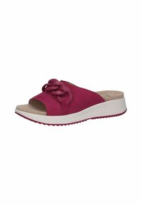 Roze nubuck instapsandaal met een kettingaccent op de bovenkant, een gevoerde binnenzool en een witte rubberen buitenzool met een structuur voor grip.