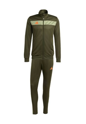 Olive green tracksuit made of smooth material, featuring a zip-up jacket with a light green stripe and orange logo, paired with matching pants.