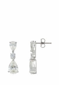 Silver drop earrings featuring a pear-cut and round clear stone design with a geometric accent, reflecting light and showcasing sparkle.