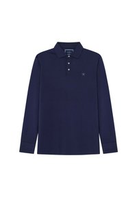 Dlhý rukáv polokošeľa v námorníckej modrej farbe s golierom, tromi gombíkmi a malým vyšívaným logom na ľavej strane hrudníka. Materiál z bavlnenej zmesi.