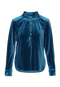 Bluză lungă din catifea cu mâneci lungi, de culoare teal închis, având un guler înalt cu volane, clapetă cu nasturi și un tiv rotunjit cu mâneci cu manșete.