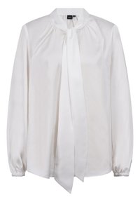 Weiße Bluse aus glattem Stoff, mit einem Schleifenkragen, gerafften Schultern, langen Ärmeln mit elastischen Bündchen und einer lockeren Passform.