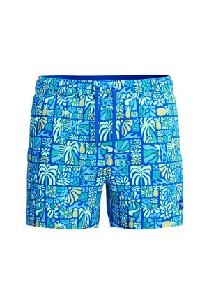 Costume da bagno corto blu con motivo tropicale di fiori, foglie e ananas in verde, giallo e bianco con vita regolabile con coulisse.