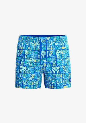 Costume da bagno corto blu con motivo tropicale di fiori, foglie e ananas in verde, giallo e bianco con vita regolabile con coulisse.