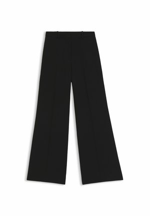 Schwarze, hoch taillierte, weit geschnittene Hose mit Gürtelschlaufen und Bügelfalte vorne, flach auf weißem Hintergrund liegend.