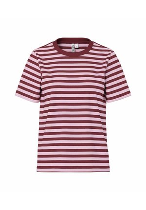 Maroon and light pink striped short-sleeve t-shirt with a crew neck. Made of soft fabric, featuring horizontal stripes of varying widths.