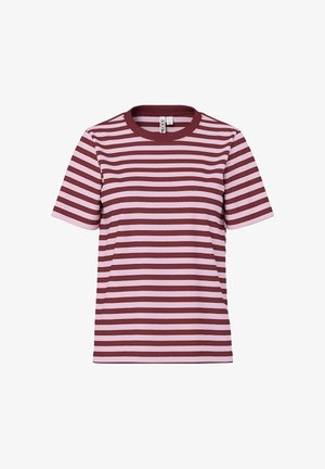 Maglietta a maniche corte con scollo rotondo, a righe color marrone scuro e rosa chiaro. Realizzata in tessuto morbido, presenta strisce orizzontali di larghezze variabili.