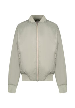 Lichtgrijze bomberjack met een ritssluiting, geribde kraag en manchetten, en zijzakken. Gemaakt van soepel, lichtgewicht materiaal.