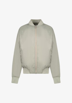 Hellgraue Bomberjacke mit Reißverschluss, geripptem Kragen und Bündchen sowie Seitentaschen. Hergestellt aus glattem, leichtem Material.