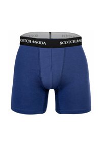 Blaue Baumwoll-Boxershorts mit einem schwarzen elastischen Taillenbund, auf dem der Markenname "SCOTCH & SODA" in weißer Schrift aufgedruckt ist. Schlichtes Design.