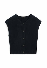 Laivastonsininen ribbineulottu lyhyt paita lyhyillä hihoilla, jossa pyöreä pääntie ja viisi vastaväristä nappia keskellä.