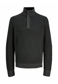 Suéter de punto gris oscuro con un cuello acanalado, placket de tres botones y un cuerpo texturizado. Presenta puños y dobladillo acanalados para un detalle adicional.
