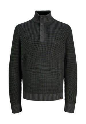 Donkergrijze gebreide trui met een geribbelde kraag, een placket met drie knopen en een textuur in het lichaam. Voorzien van geribbelde manchetten en een zoom voor extra detail.