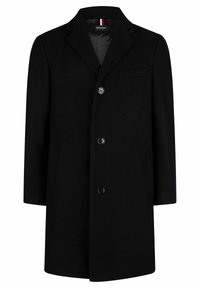 Svart ylleblandning kappa med klädd krage, enkelknäppt design, fyra knappar och en bröstficka. Slät textur med en skräddarsydd passform.