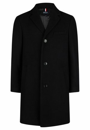 Black wool blend coat with a notch collar, single-breasted design, four buttons, and a chest pocket. Smooth texture with a tailored fit.