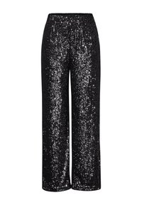 Czarne spodnie szerokie z cekinów z elastycznym paskiem w talii, charakteryzujące się błyszczącą fakturą i swobodnym krojem, idealne na formalne okazje.