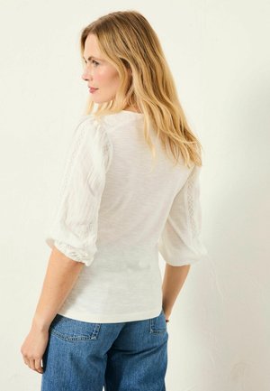 Blondýna obrácená vlevo, oblečená v bílé blůze s krajkovými detaily na rukávech a modrých džínách, stojící na jednobarevném světlém pozadí.