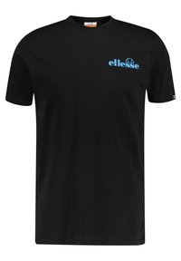 Černé bavlněné tričko s kulatým výstřihem a krátkými rukávy. Na levé části hrudi je modré logo "ellesse". Hladká textura, ležérní design.