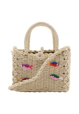 Sac à main en corde beige tissée avec deux poignées, décoré d'accents de poissons colorés en perles, et une fermeture à boucle au centre supérieur.