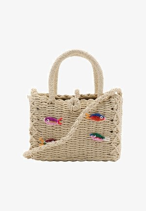 Woven beige rope handbag with two handles, decorated with colorful beaded fish accents, and a loop closure at the top center.