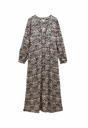 Maxikleid mit Floralprint, langen, gerafften Ärmeln und runder Halslinie. Hergestellt aus leichtem Stoff in einem Marine- und Cremefarbenschema.