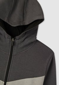 Felpa con cappuccio grigio scuro e grigio chiaro, con zip nera e cappuccio attaccato, mostrata dall'alto frontalmente su uno sfondo bianco.