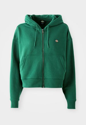Sweat à capuche zippé vert avec poches avant, cordon de serrage à la capuche, bords côtelés aux poignets et à l' ourlet, et un petit logo sur la poitrine gauche.
