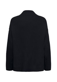 Pull en tricot épais noir avec des manches longues et un col côtelé, présenté de dos sur un fond blanc.