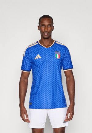 Blue football jersey with gold accents, featuring a leaf pattern, v-neck design, and Italy emblem on the chest. Short sleeves and breathable fabric.