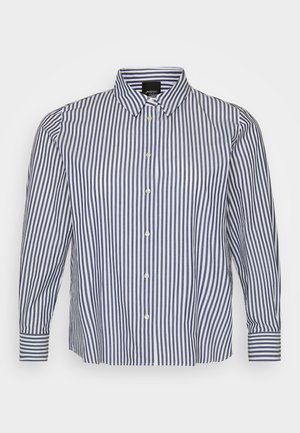 Camicia a maniche lunghe a righe in blu e bianco, con colletto a camicia, righe verticali e chiusura frontale con bottoni e polsini abbottonati.