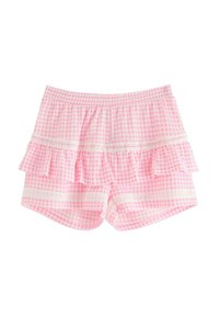 Roze ruitjes shorts met een elastische tailleband, voorzien van gelaagde ruches en witte kantaccenten aan de onderrand en over de stof.